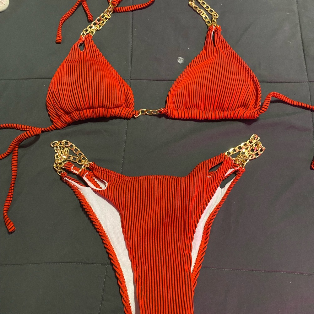 Red Bikini with Gold Chain Straps